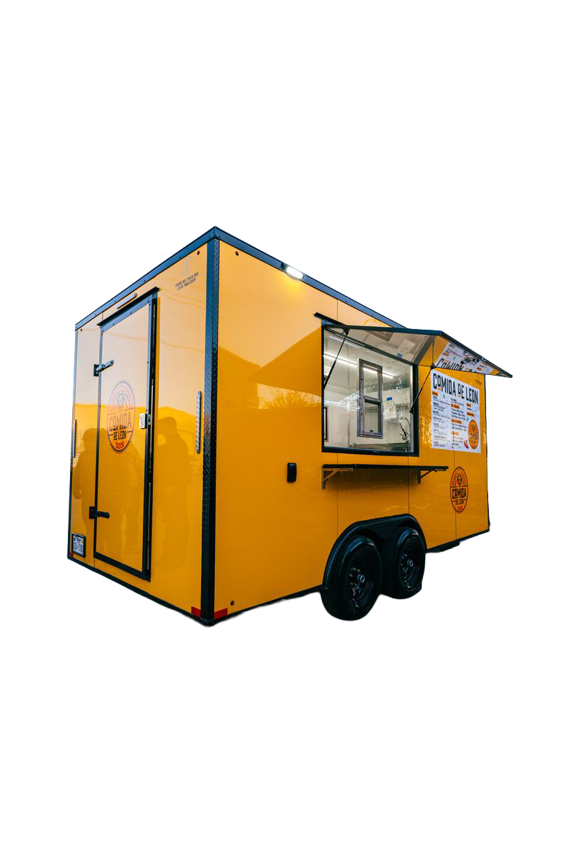 Yellow food trailer with an open serving-window awning and rear entrance door