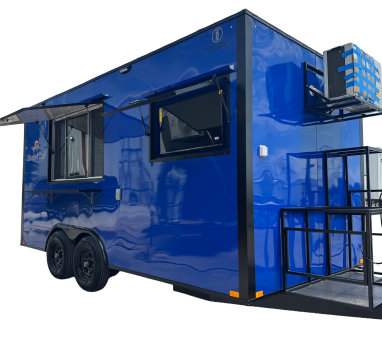 Blue cafe trailer with a front equipment rack and exterior air-conditioning unit