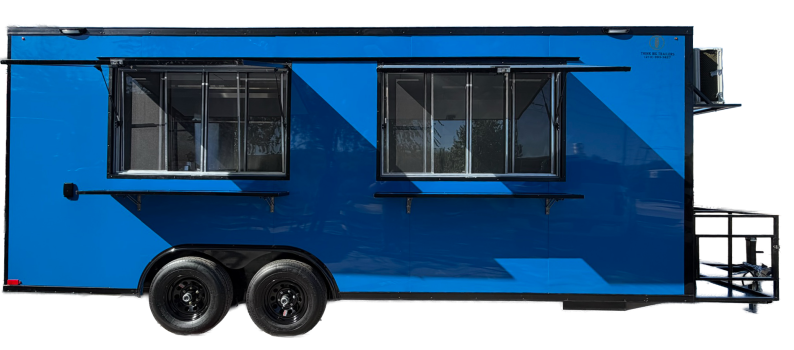 Side view of a blue food trailer with two serving windows