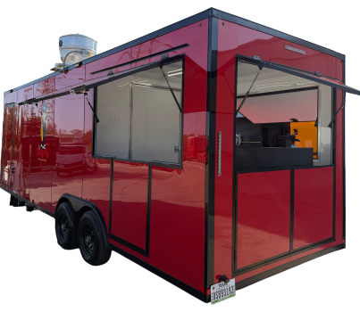 Red food trailer with open serving windows and black trim