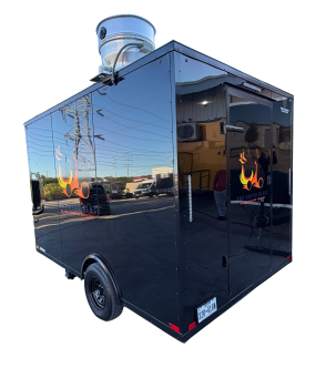 Rear view of a black food trailer with an entrance door and roof exhaust fan