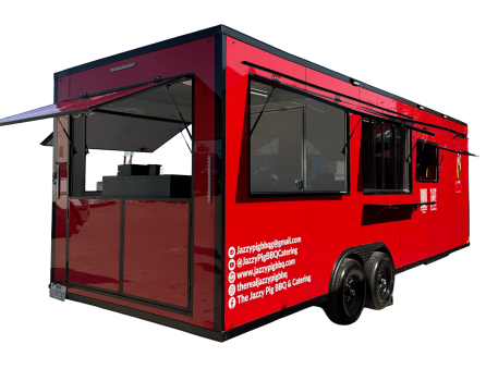 Red Jazzy Pig BBQ food trailer with rear and side serving windows
