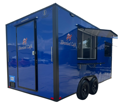 Blue cafe trailer with a rear entrance door and open serving-window awning