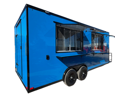 Blue food trailer with two serving windows and black counters