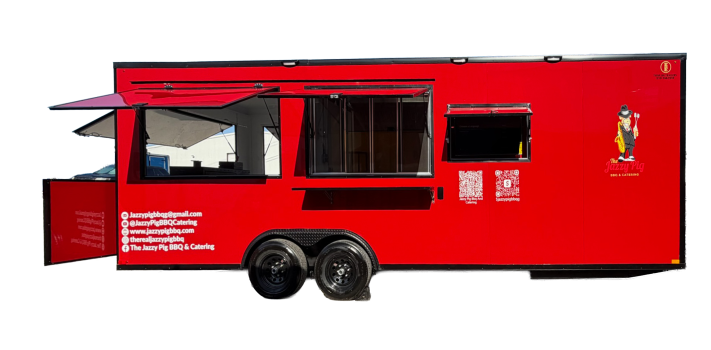 Side view of the red Jazzy Pig BBQ food trailer and serving windows