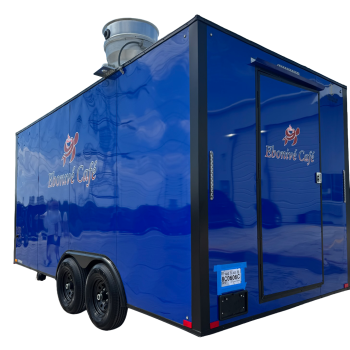 Rear view of a blue cafe trailer with an entrance door and roof exhaust fan